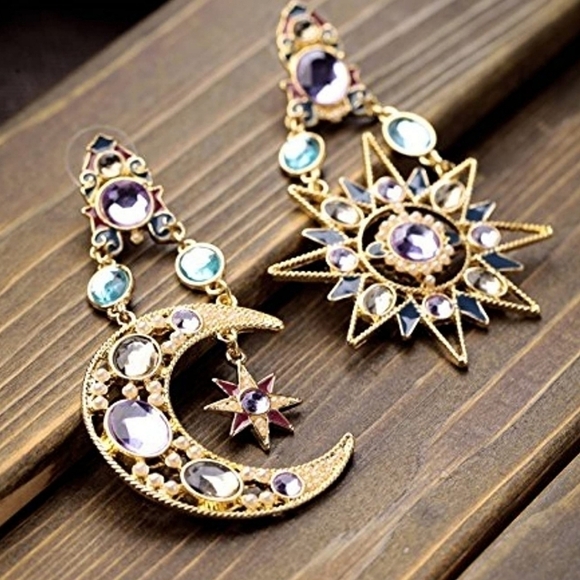 Sun Moon Stars Drop Earrings Gem Crystal Rhinestone Gold Boho Vintage Statement - Picture 1 of 5